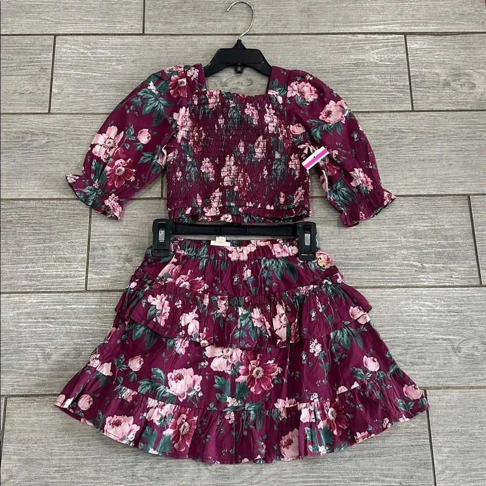 Laura Ashley Berry Pink Peony Garden‎ Smocked Top And Skirt Set New!